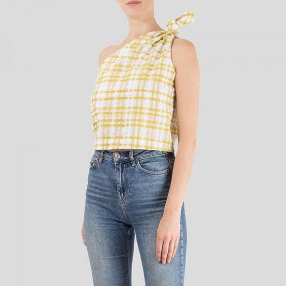 Rosie Assoulin Checked One Shoulder Top Yellow -XS - Picture 2 of 7